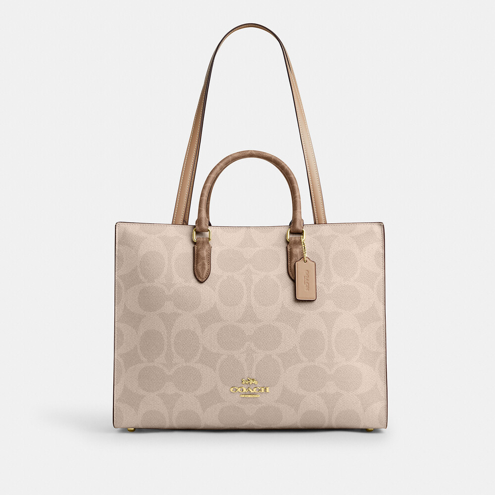 Coach Outlet Maggie Tote Bag In Blocked Signature Canvas / sand tan gold